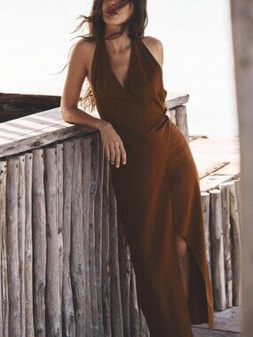 Zara Linen Midi Dress Terracotta Gold Appliqué V Neck Slit Large NWT Summer